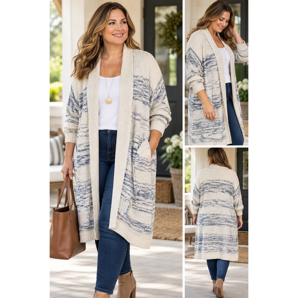 Pure Jill J. Jill 1X Blue Cream Space Dye Duster Knit Longline Cardigan Sweater